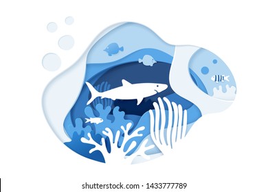 Shark diving.Scuba diving. Paper art coral reefs concept. Paper cut underwater ocean background with coral reefs, fishes, seaweed, bubbles and waves. Vector illustration