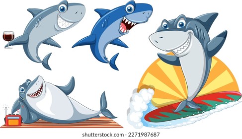 Shark Doing Different Activities Cartoon Characters illustration