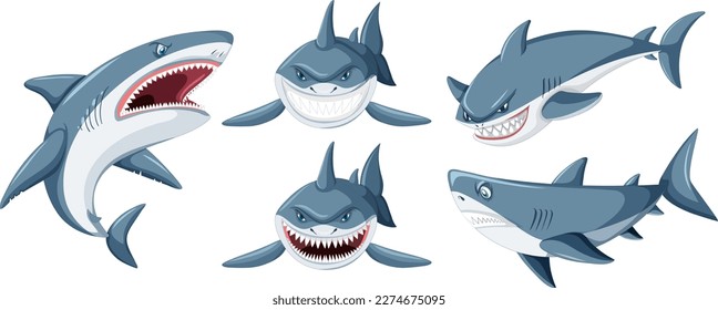 Shark Doing Different Activities Cartoon Characters illustration