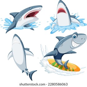 Shark Doing Different Activities Cartoon Characters illustration