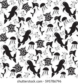 Shark and dolphin. Turtle, crab and jellyfish on the seabed. Sea creatures. Freehand sketch. Black-white seamless pattern.