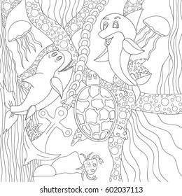 Shark and dolphin. Turtle and jellyfish on the seabed. The ship's anchor is interwoven with algae. Crab on the stone. Freehand sketch. Black outline on a white background.