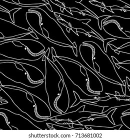 Shark and Dolphin vector illustration. Doodle style. Design icon, print, logo, poster, symbol, decor, textile, paper, card. 