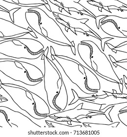 Shark and Dolphin vector illustration. Doodle style. Design icon, print, logo, poster, symbol, decor, textile, paper, card. 