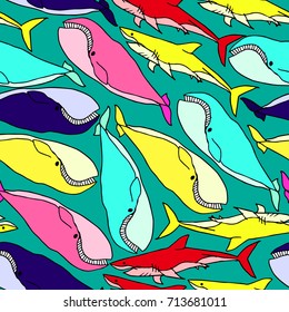 Shark and Dolphin vector illustration. Doodle style. Design icon, print, logo, poster, symbol, decor, textile, paper, card. 