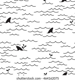 Shark dolphin whale Sea Ocean doodle vector Seamless pattern isolated wallpaper background White