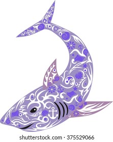 shark with drawing on a body, an illustration of the sea predator, fins with drawing, the picture on a children's subject, large sea fish, an animal of the wild nature, a vector shark with design