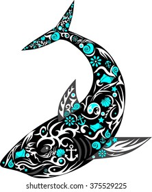 shark with drawing, a sea animal, an illustration of fish, the predator with design, the children's picture, large fish, a vector shark, a pattern from cockleshells and flowers, an ornament a sea, 