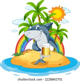 Shark drinking beer on the island illustration