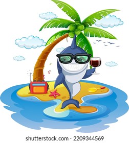 Shark drinking wine on the island illustration