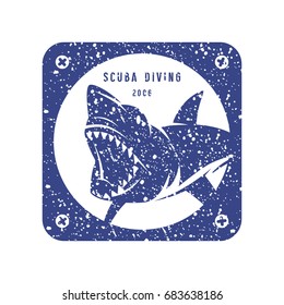 Shark emblem. Graphic design for t-shirt. Blue print on white background