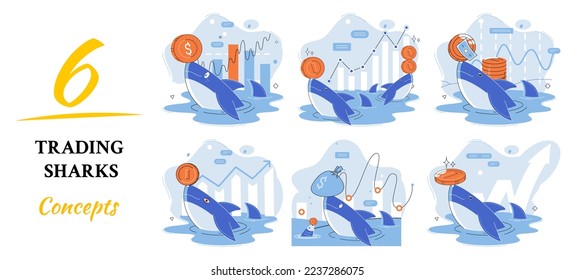 Shark emerges from water and holds gold coins on its nose. Trading hamsters and whale metaphor set. Fake data for business valuation. Inexperienced investor, bad investment, experienced traders