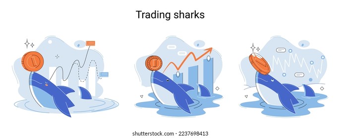 Shark emerges from water and holds gold coins on its nose. Trading hamsters and whale metaphor set. Fake data for business valuation. Inexperienced investor, bad investment, experienced traders