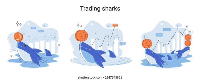 Shark emerges from water and holds gold coins on its nose. Trading hamsters and whale metaphor set. Fake data for business valuation. Inexperienced investor, bad investment, experienced traders