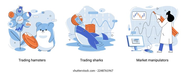 Shark emerges from water and holds gold coins on its nose. Trading hamsters and whale metaphor set. Fake data for business valuation. Inexperienced investor, bad investment, experienced traders