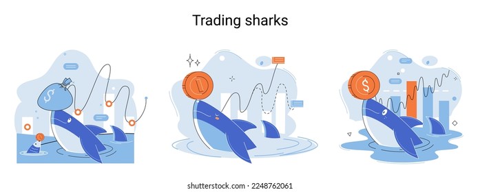 Shark emerges from water and holds gold coins on its nose. Trading hamsters and whale metaphor set. Fake data for business valuation. Inexperienced investor, bad investment, experienced traders