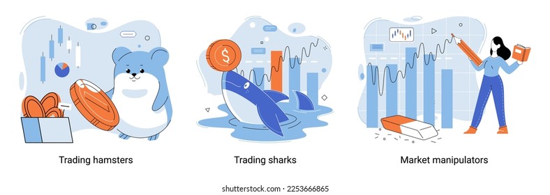 Shark emerges from water and holds gold coins on its nose. Trading hamsters and whale metaphor set. Fake data for business valuation. Inexperienced investor, bad investment, experienced traders