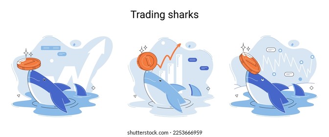 Shark emerges from water and holds gold coins on its nose. Trading hamsters and whale metaphor set. Fake data for business valuation. Inexperienced investor, bad investment, experienced traders