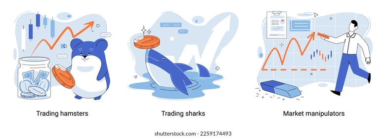 Shark emerges from water and holds gold coins on its nose. Trading hamsters and whale metaphor set. Fake data for business valuation. Inexperienced investor, bad investment, experienced traders