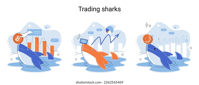 Shark emerges from water and holds gold coins on its nose. Trading hamsters and whale metaphor set. Fake data for business valuation. Inexperienced investor, bad investment, experienced traders