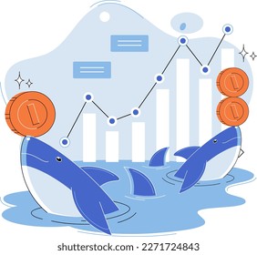 Shark emerges from water and holds gold coins on its nose. Trading hamsters and whale metaphor set. Fake data for business valuation. Inexperienced investor, bad investment, experienced traders