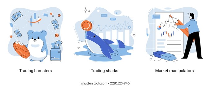 Shark emerges from water and holds gold coins on its nose. Trading hamsters and whale metaphor set. Fake data for business valuation. Inexperienced investor, bad investment, experienced traders