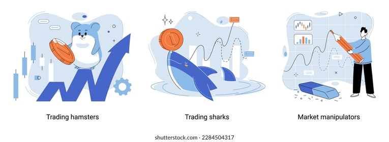 Shark emerges from water and holds gold coins on its nose. Trading hamsters and whale metaphor set. Fake data for business valuation. Inexperienced investor, bad investment, experienced traders