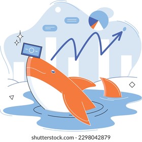 Shark emerges from water and holds gold coins on its nose. Trading hamsters and whale metaphor set. Fake data for business valuation. Inexperienced investor, bad investment, experienced traders