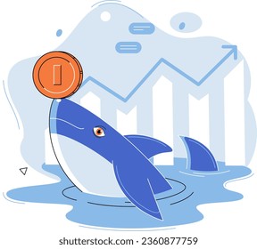 Shark emerges from water and holds gold coins on its nose. Trading hamsters and whale metaphor set. Fake data for business valuation. Inexperienced investor, bad investment, experienced traders