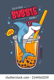 Shark enjoying bubble tea in a glass and plastic straw