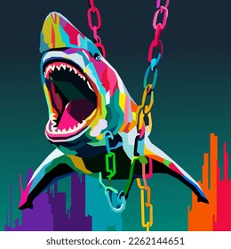 shark entangled in a chain drawn using WPAP art style, pop art, vector illustration.