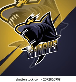 shark e-sport logo mascot , this cool and fierce image is suitable for e - sport team logos or extreme sports like skateboard etc, can be used t-shirt or merchandise design