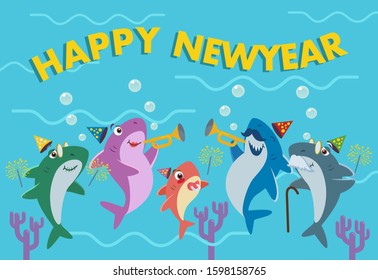 The shark family is celebrating the new year. Happy new year greeting card.