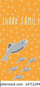 Shark family cute kids pattern for T-shirt, notebook cover. Orange wallpaper with hearts and sharks. Perfect print for children clothes and textile.