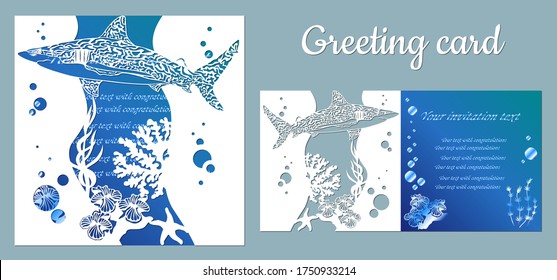 Shark. Fauna with marine animals. Template for making a postcard. Vector image for laser cutting, plotter printing and scrapbooking.