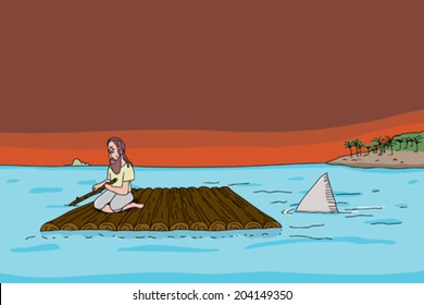 Shark fin behind man on wooden raft