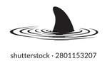 Shark fin cutting through the water. Cartoon shark silhouette. Shark fin in the water. Warning for beach people in the water, sea or ocean zone. Water wave.