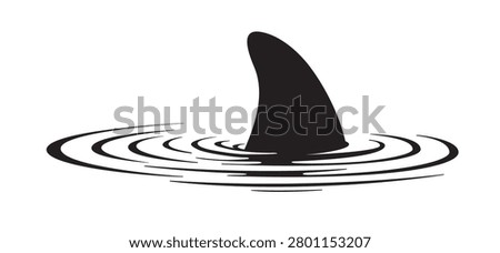 Shark fin cutting through the water. Cartoon shark silhouette. Shark fin in the water. Warning for beach people in the water, sea or ocean zone. Water wave.