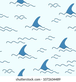 shark fin dolphin whale ocean wave vector seamless pattern wallpaper background in blue color