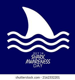 Shark fin icon logo symbol on the water surface with texts on blue background, Shark Awareness Day July 14