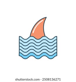 Shark fin in ocean waves icon. Simple and colorful illustration of a shark fin sticking out of the water. This graphic can be used for websites, social media, or print materials.