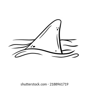 Aleta de tiburón. Pescado depredador bajo el agua con olas. Dibujo impreso con un animal marino peligroso. Ilustración de dibujo