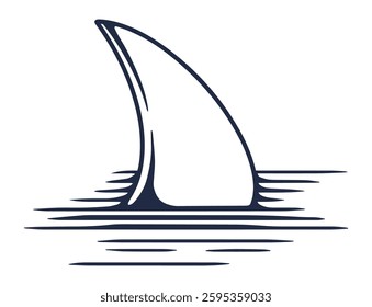 A shark fin rises above the calm ocean surface creating ripples in the water. The scene captures the natural beauty and mystery of marine life during daytime hours.