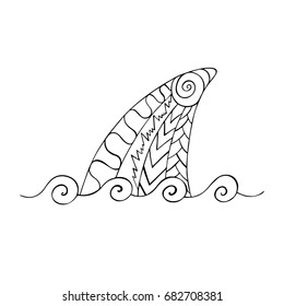 Shark fin in the sea of zentangle style. Vector illustration.