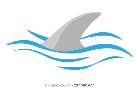 Shark fin silhouette and waves on white background. Vector illustration