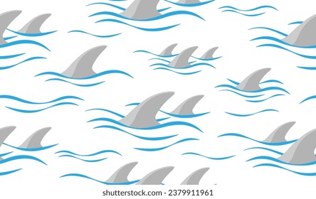 Shark fin silhouette and waves on white background. Seamless pattern. Vector illustration.