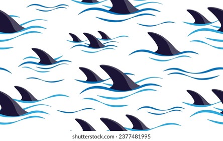 Shark fin silhouette and waves seamless pattern. Vector illustration.