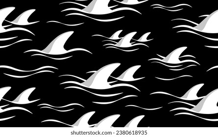 Shark fin silhouette and waves seamless pattern. Monochrome vector illustration.