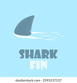 A shark fin is visible above the water in cartoon style on a blue isolated background. The shark dives underwater. Ocean Animals