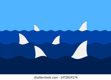 Shark fin in the water. Dangerous predator fish in the sea and ocean. Vector illustration